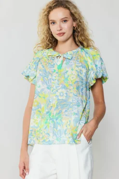 Current Air Short Sleeve Tops-Abstract Floral Print Top YELLOWMULTI