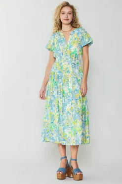 Current Air Midi Dresses-Abstract Floral Printed Midi Dress YELLOWMULTI