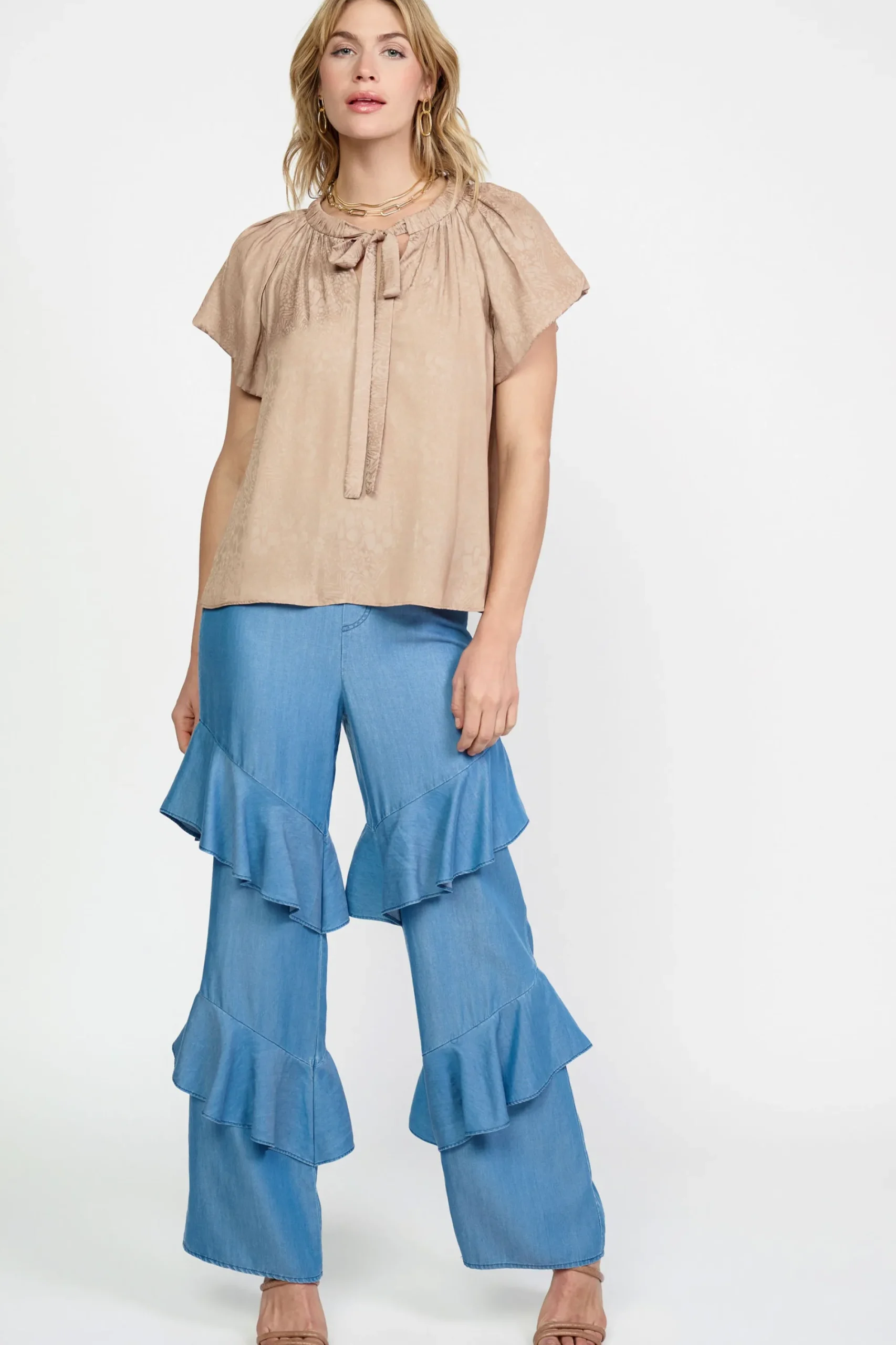 Current Air Short Sleeve Tops-Abstract Jacquard Tieneck Blouse SANDYTAUPE