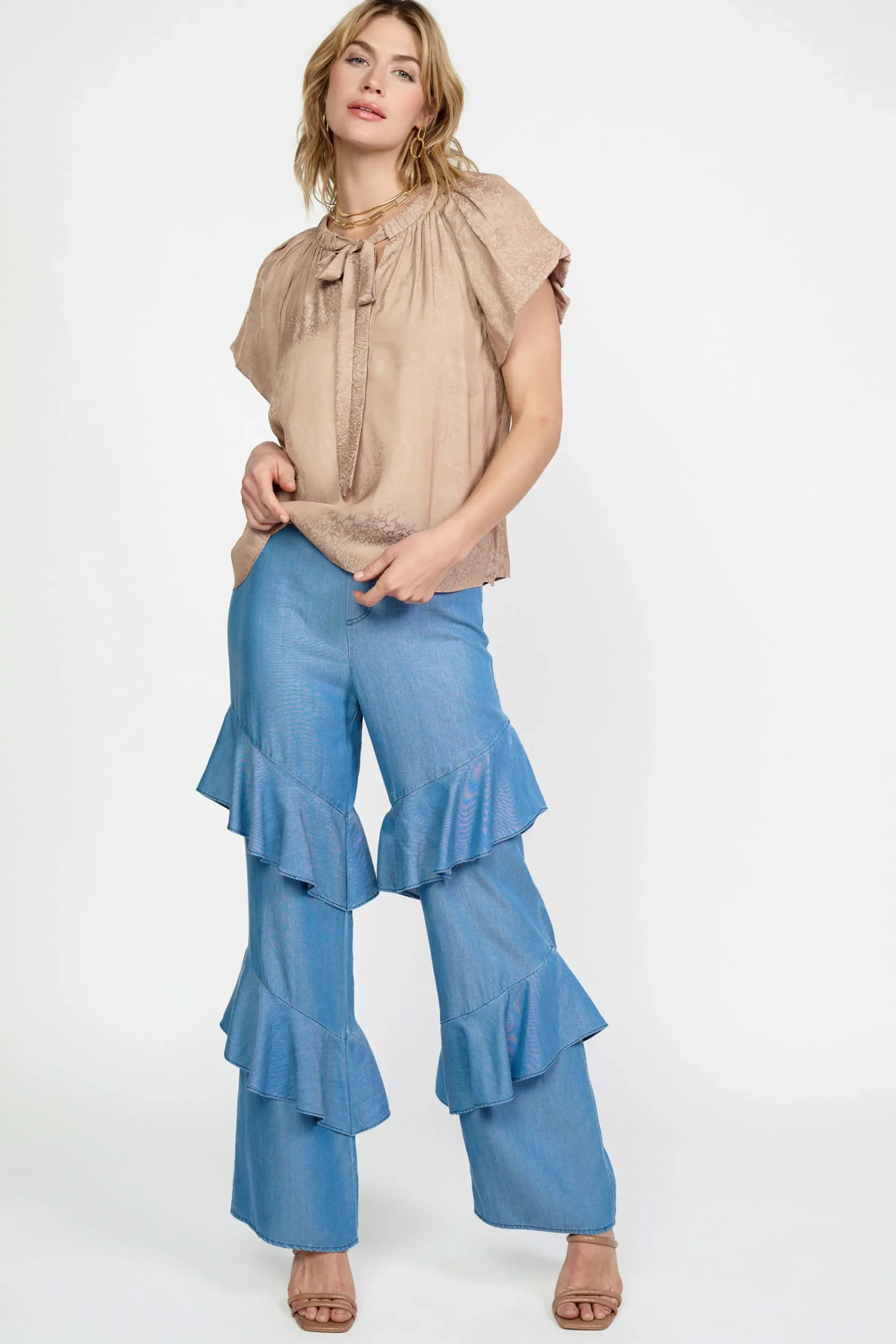 Current Air Short Sleeve Tops-Abstract Jacquard Tieneck Blouse SANDYTAUPE