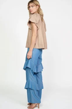 Current Air Short Sleeve Tops-Abstract Jacquard Tieneck Blouse SANDYTAUPE