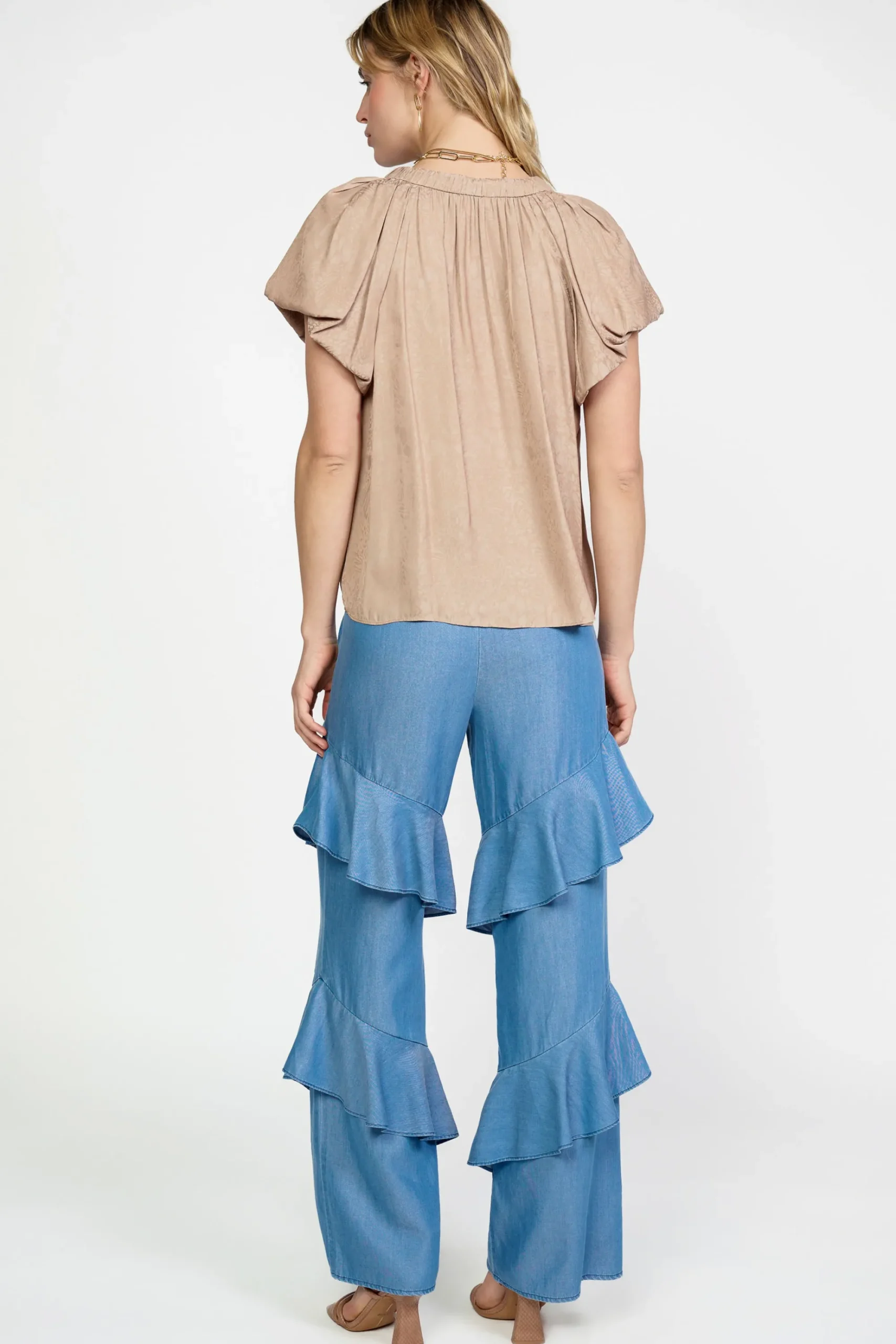 Current Air Short Sleeve Tops-Abstract Jacquard Tieneck Blouse SANDYTAUPE
