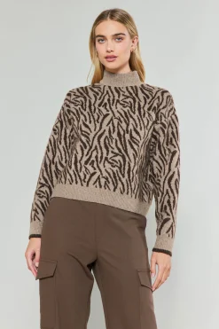 Current Air Knitwear | Sweaters-Abstract Mock Neck Sweater BROWN
