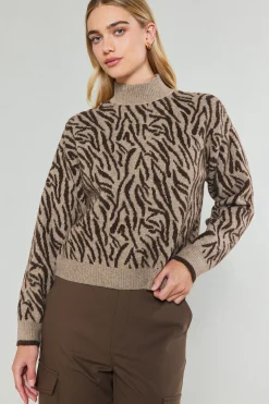 Current Air Knitwear | Sweaters-Abstract Mock Neck Sweater BROWN