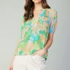 Current Air Short Sleeve Tops-Abstract Split Neck Blouse GREENORANGE