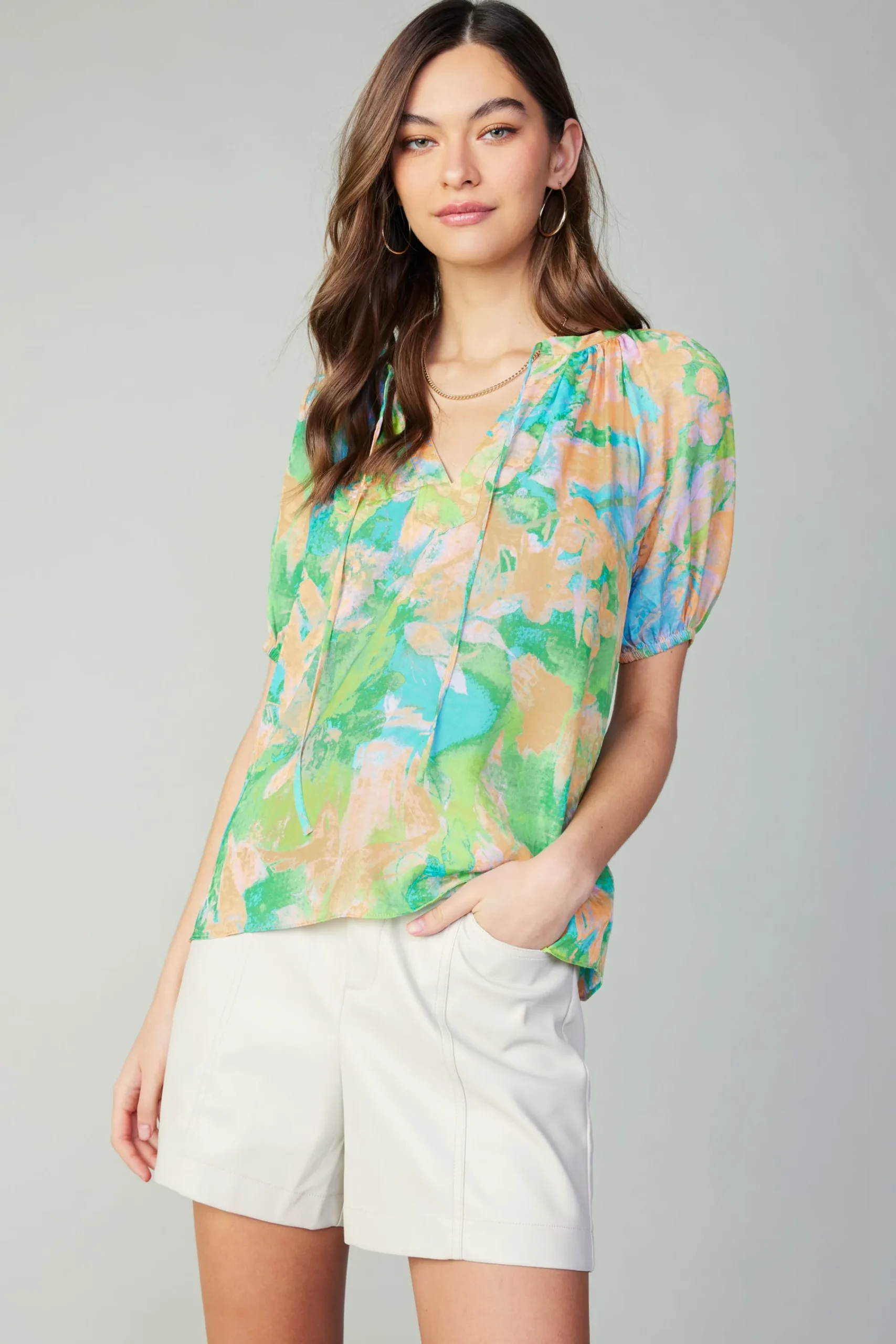 Current Air Short Sleeve Tops-Abstract Split Neck Blouse GREENORANGE