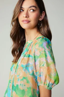 Current Air Short Sleeve Tops-Abstract Split Neck Blouse GREENORANGE