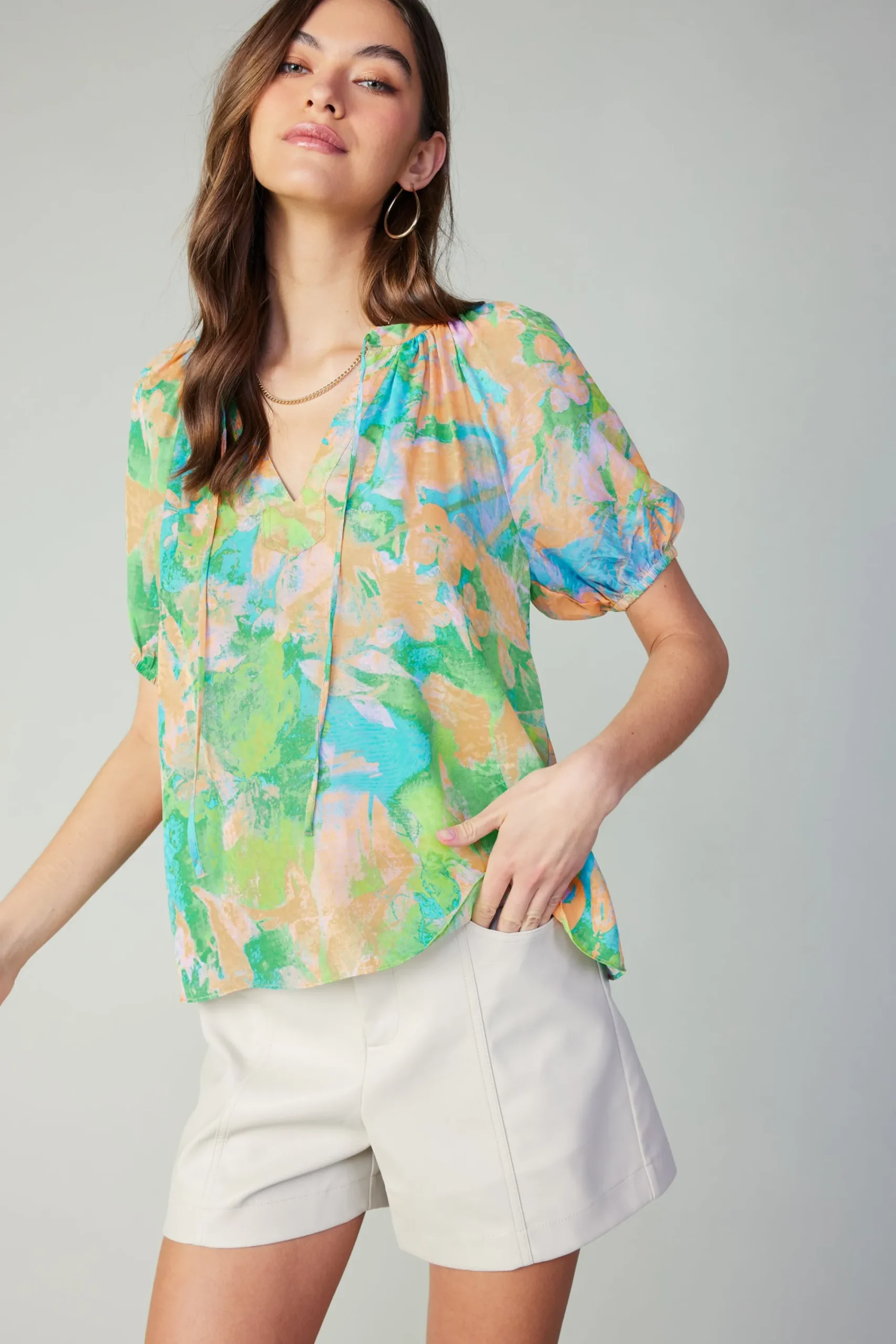 Current Air Short Sleeve Tops-Abstract Split Neck Blouse GREENORANGE
