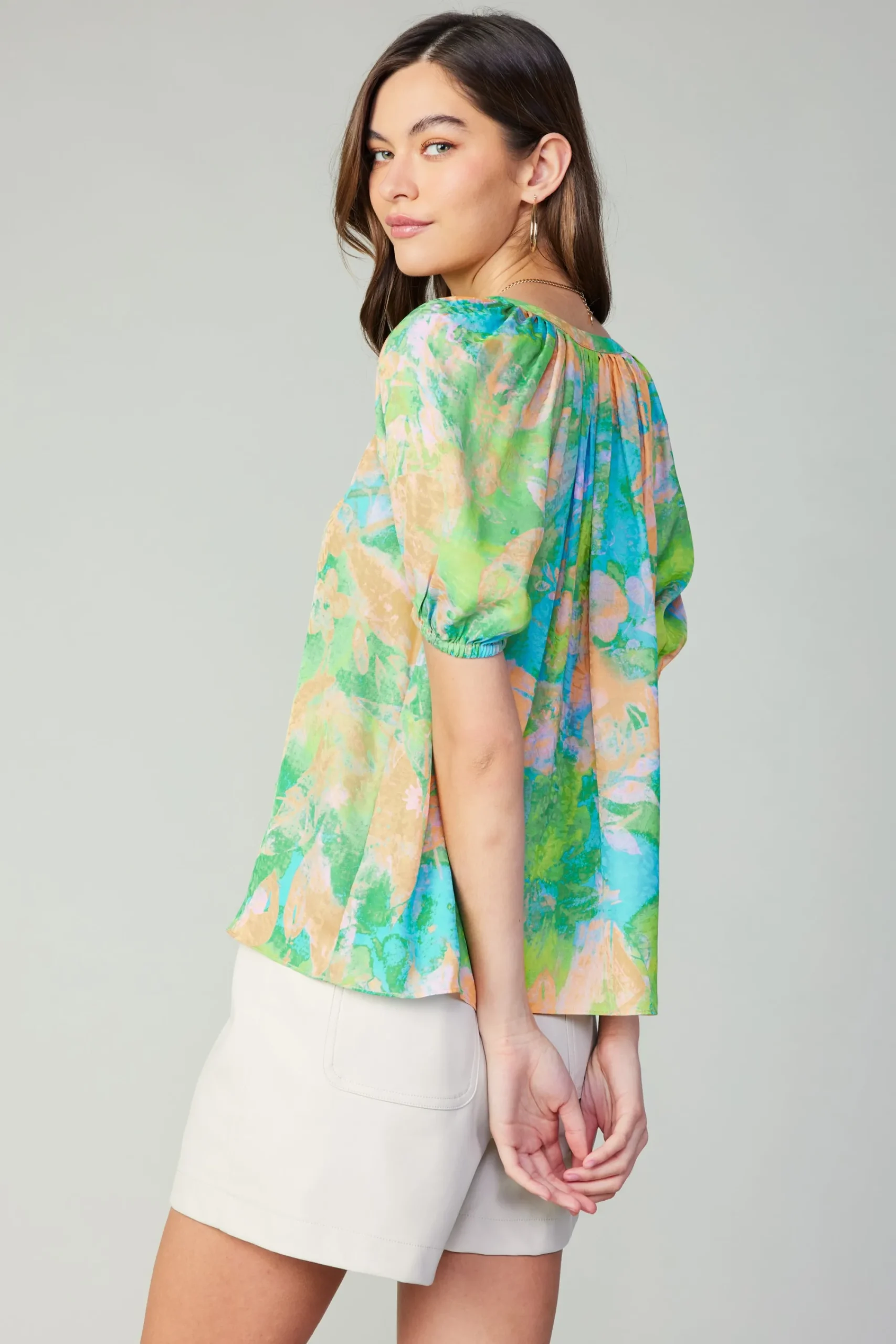 Current Air Short Sleeve Tops-Abstract Split Neck Blouse GREENORANGE