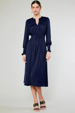 Current Air Midi Dresses-Aida Smocked Midi Dress DARKNAVY