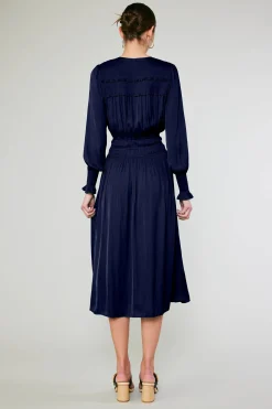 Current Air Midi Dresses-Aida Smocked Midi Dress DARKNAVY