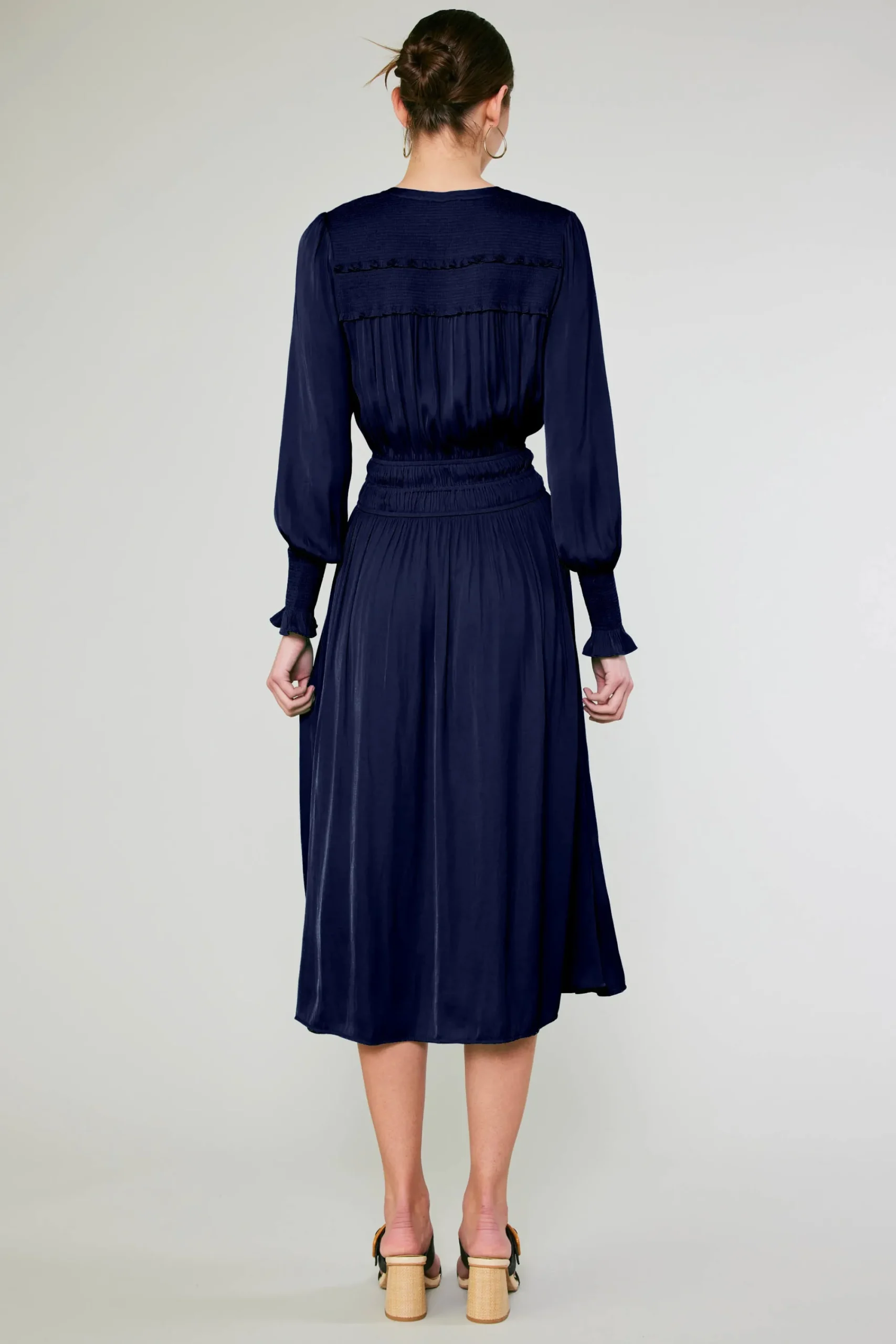 Current Air Midi Dresses-Aida Smocked Midi Dress DARKNAVY