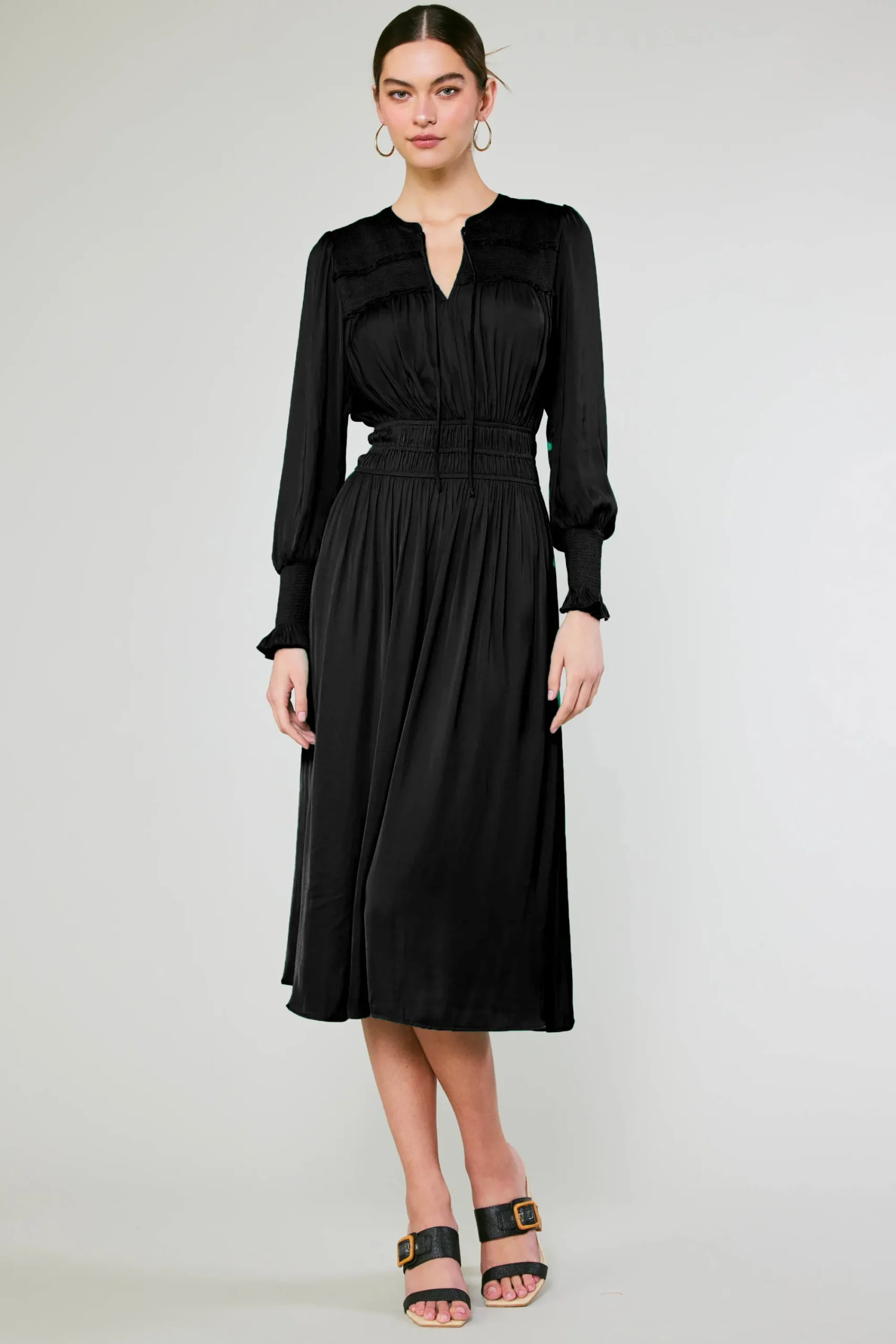 Current Air Midi Dresses-Aida Smocked Midi Dress BLACK