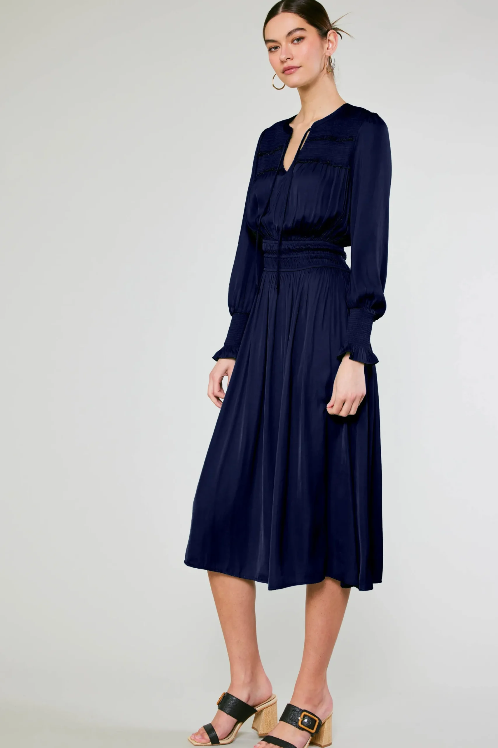 Current Air Midi Dresses-Aida Smocked Midi Dress DARKNAVY