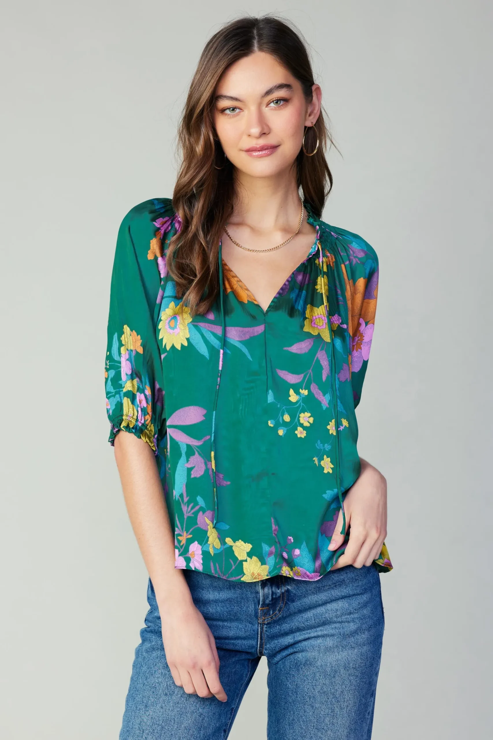 Current Air Long Sleeve Tops-Angelica Floral Blouse GREENFLORAL