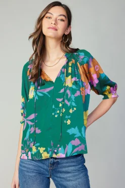 Current Air Long Sleeve Tops-Angelica Floral Blouse GREENFLORAL