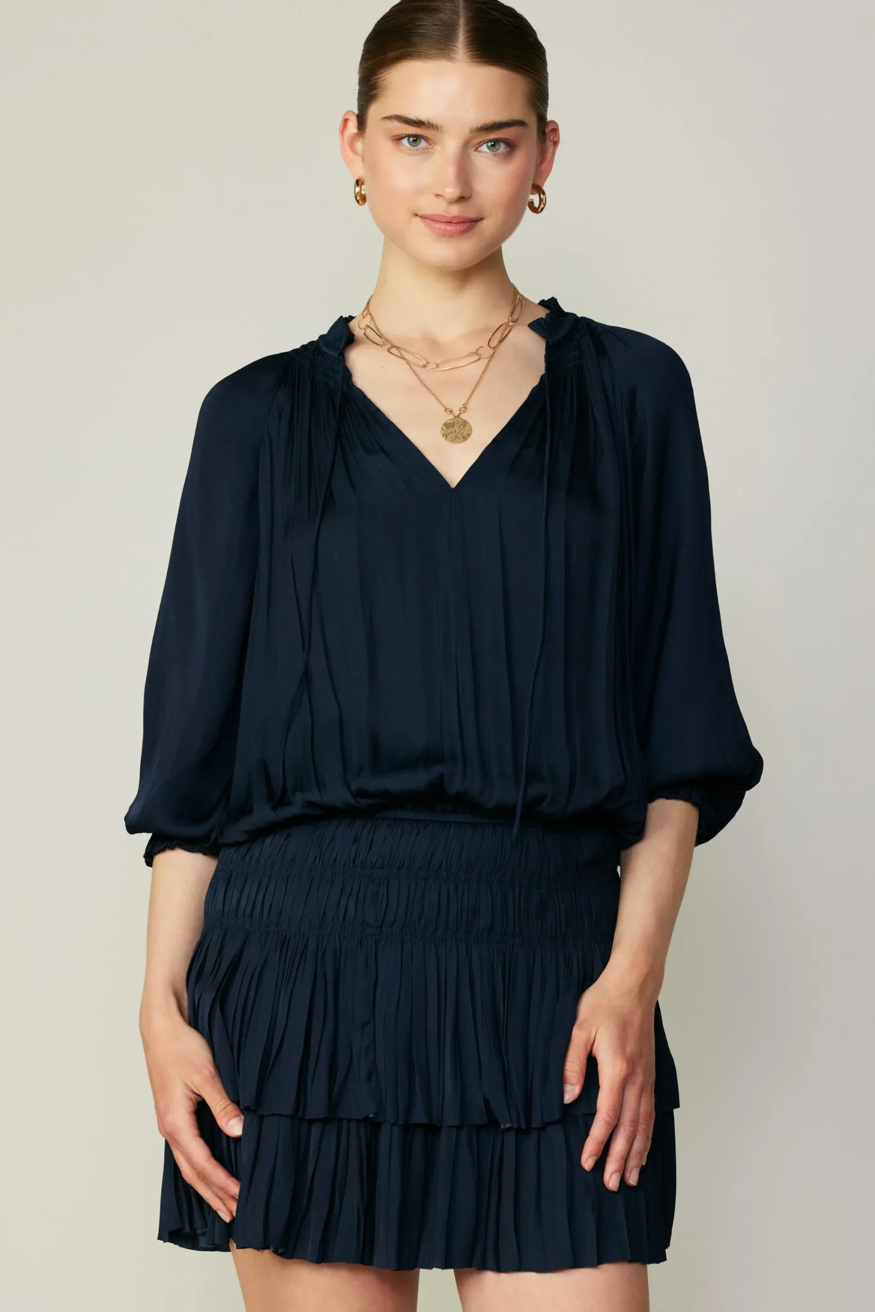 Current Air Mini Dresses-Aurelie Pleated Mini Dress DARKNAVY