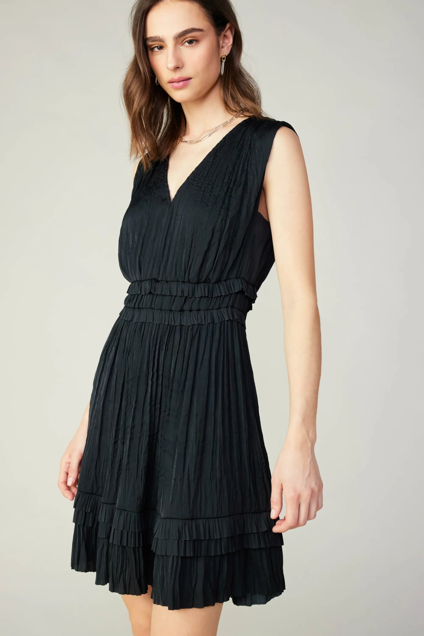 Current Air Mini Dresses-Aurora Crinkle Pleated Mini Dress BLACK