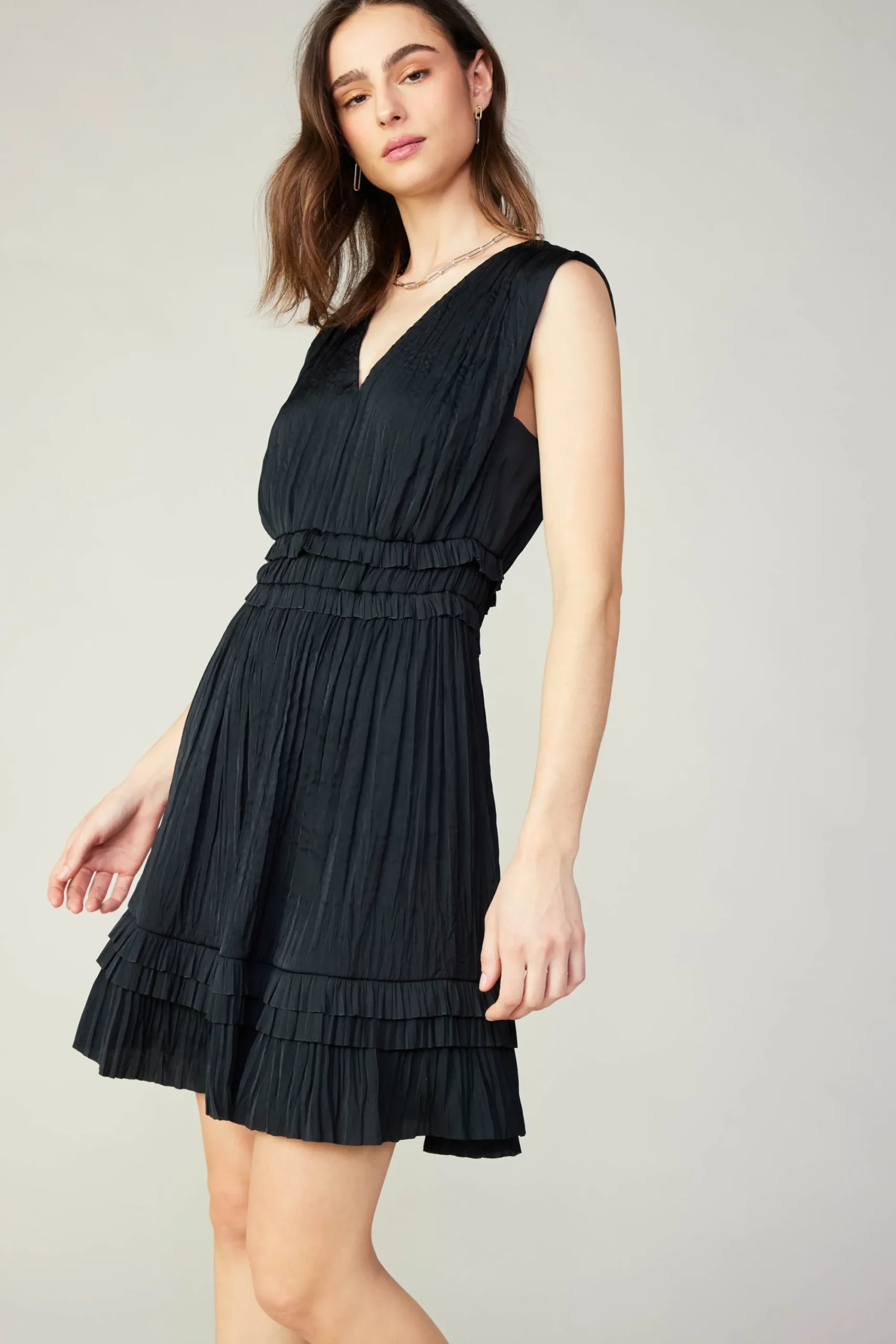 Current Air Mini Dresses-Aurora Crinkle Pleated Mini Dress BLACK