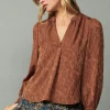 Current Air Long Sleeve Tops-Autumn Split Neck Blouse CARAMEL