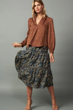 Current Air Long Sleeve Tops-Autumn Split Neck Blouse CARAMEL