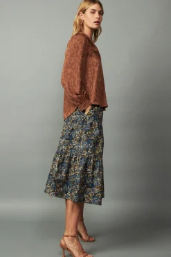 Current Air Long Sleeve Tops-Autumn Split Neck Blouse CARAMEL