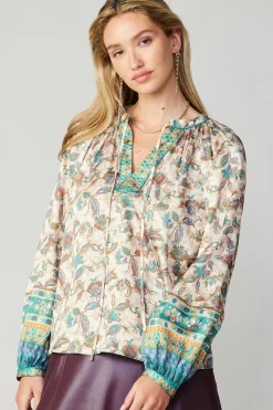 Current Air Long Sleeve Tops-Autumnal Border Print Blouse PINKGREENMLT