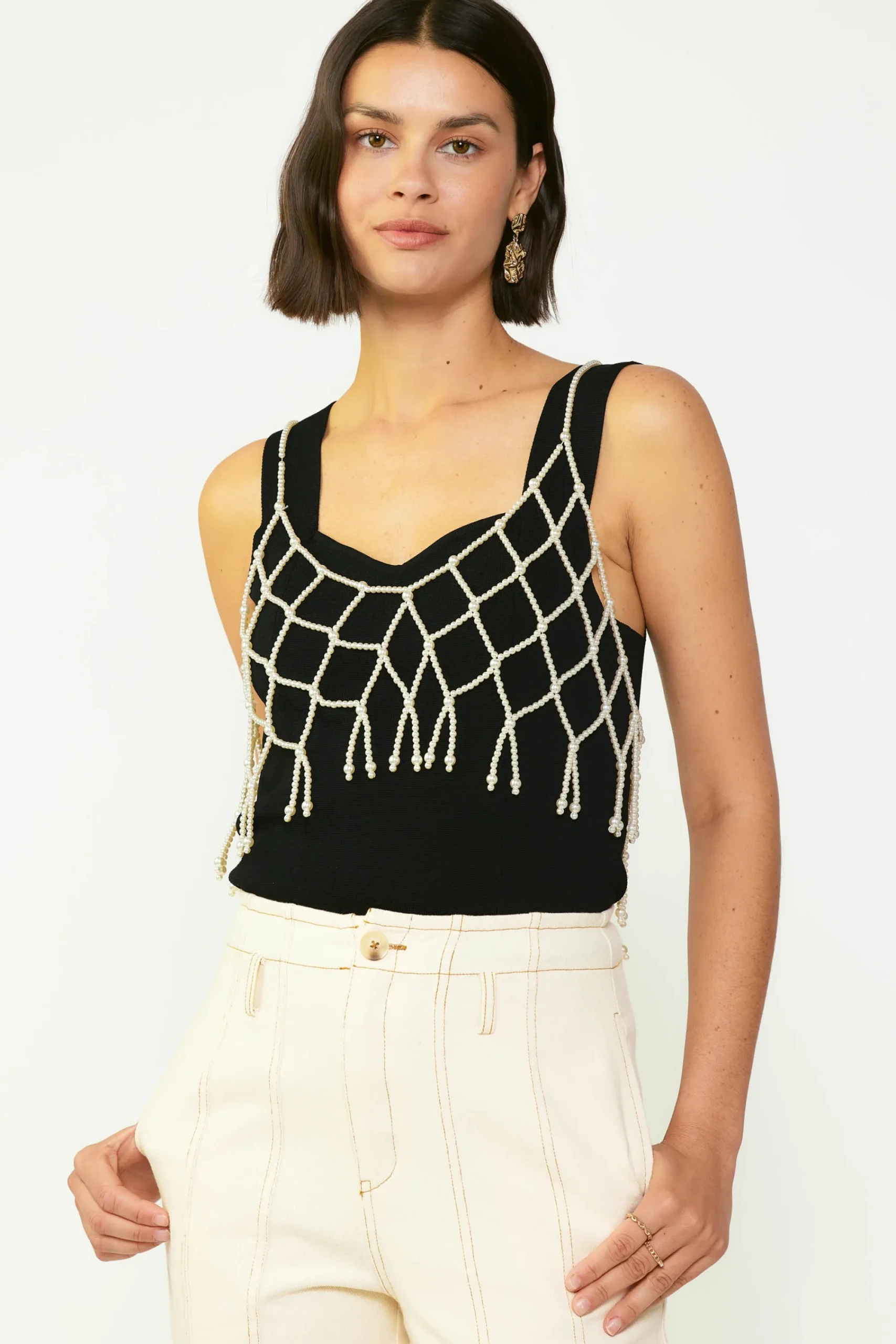 Current Air Accessories | Sleeveless Tops-Beaded Pearl Cami WHITE