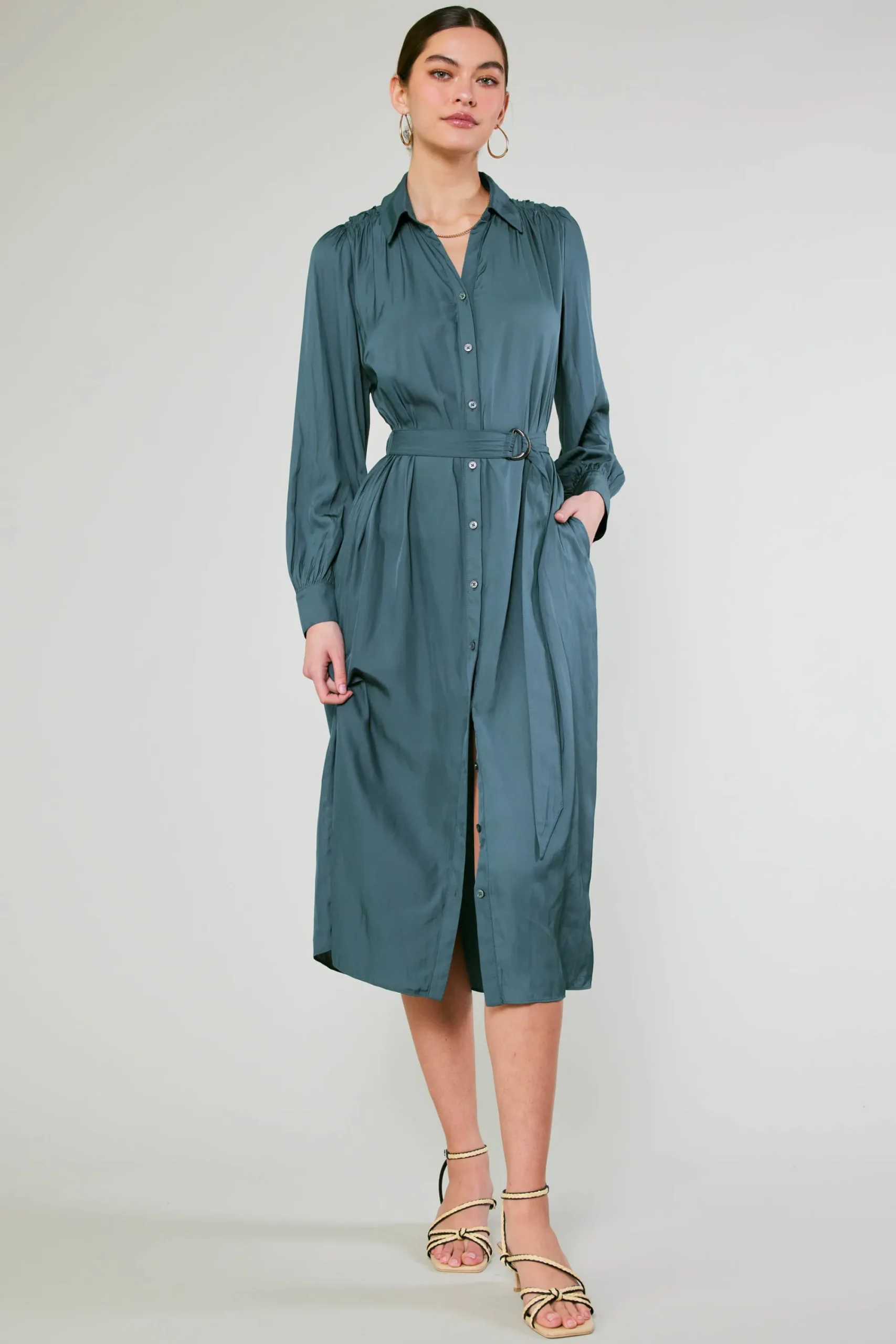 Current Air Midi Dresses-Belted Buttondown Shirt Dress FORESTGREEN
