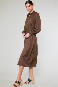 Current Air Midi Dresses-Belted Buttondown Shirt Dress COCOA