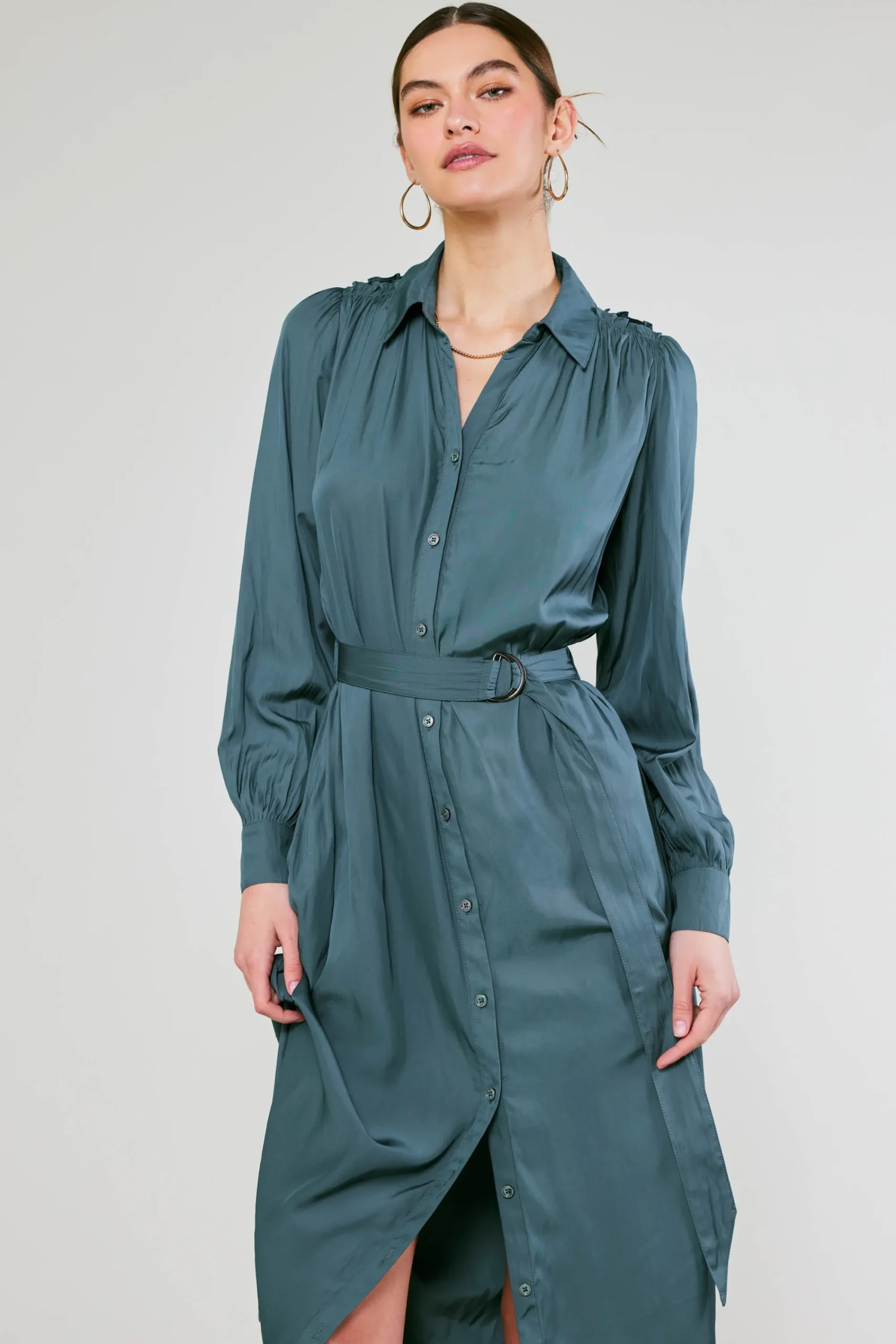 Current Air Midi Dresses-Belted Buttondown Shirt Dress FORESTGREEN