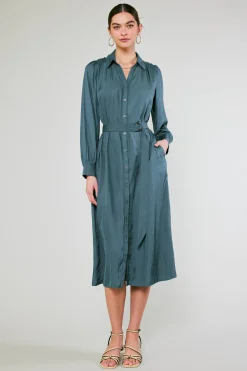 Current Air Midi Dresses-Belted Buttondown Shirt Dress FORESTGREEN