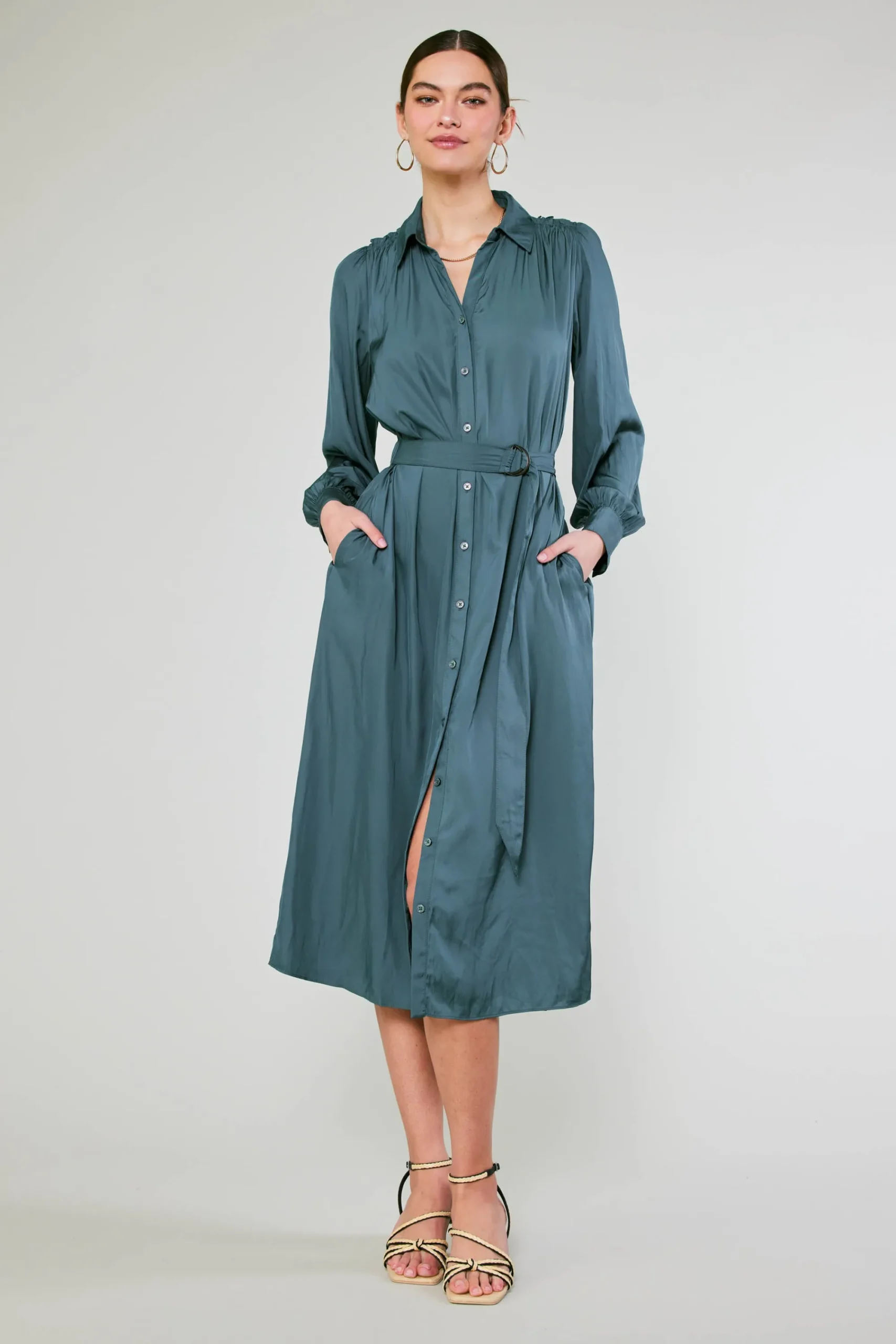 Current Air Midi Dresses-Belted Buttondown Shirt Dress FORESTGREEN