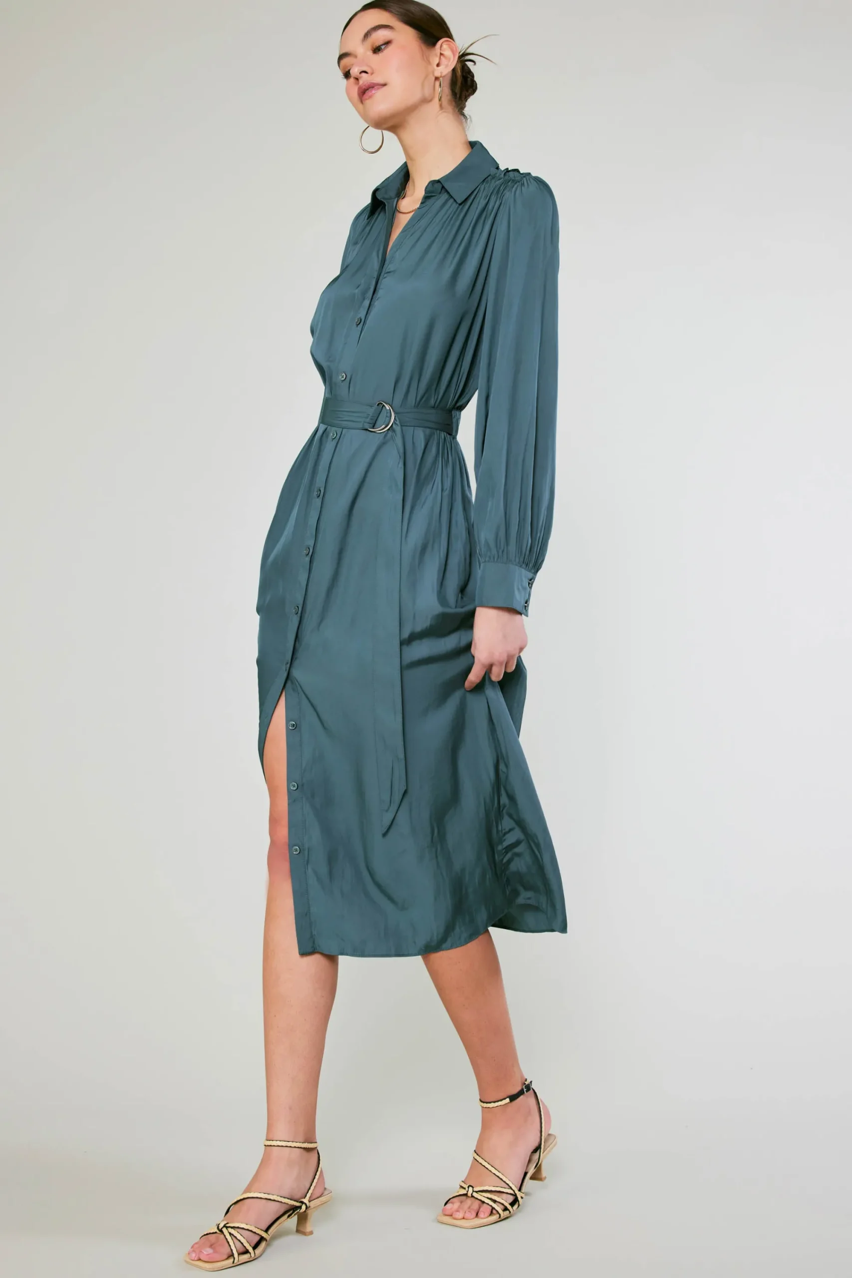 Current Air Midi Dresses-Belted Buttondown Shirt Dress FORESTGREEN