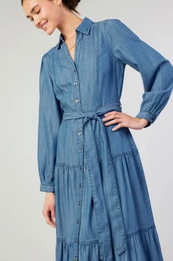 Current Air Midi Dresses-Belted Collar Shirt Dress CHAMBRAY