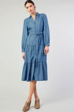 Current Air Midi Dresses-Belted Collar Shirt Dress CHAMBRAY