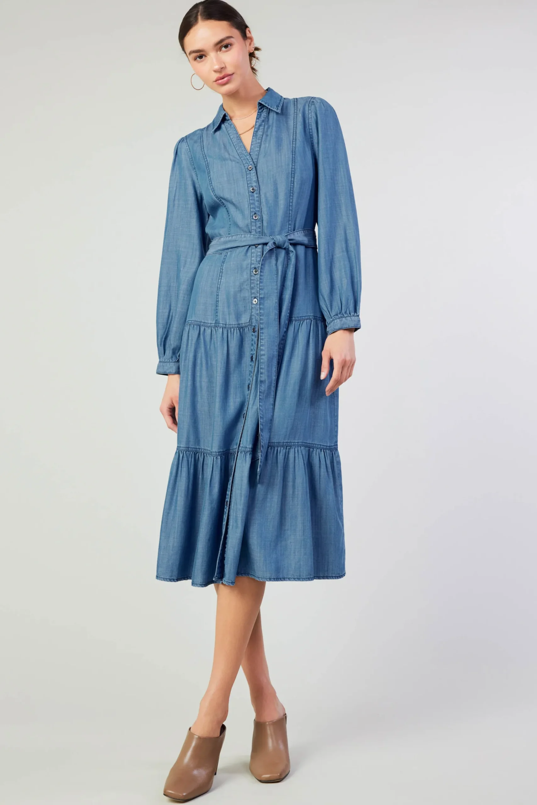 Current Air Midi Dresses-Belted Collar Shirt Dress CHAMBRAY