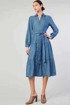 Current Air Midi Dresses-Belted Collar Shirt Dress CHAMBRAY