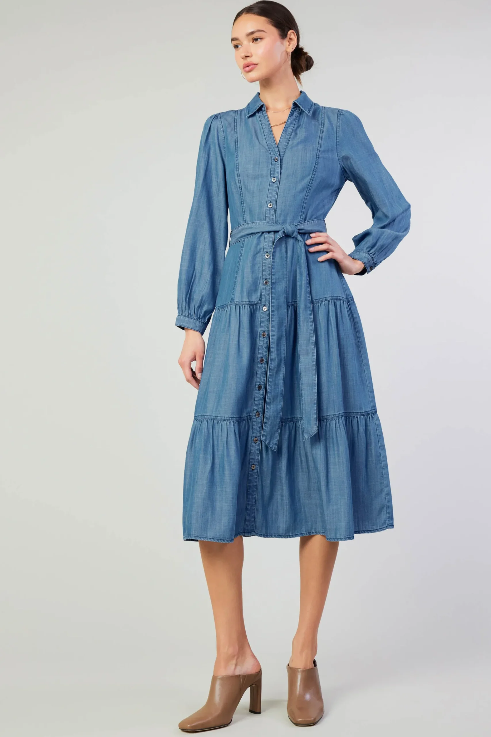 Current Air Midi Dresses-Belted Collar Shirt Dress CHAMBRAY