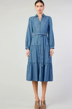 Current Air Midi Dresses-Belted Collar Shirt Dress CHAMBRAY