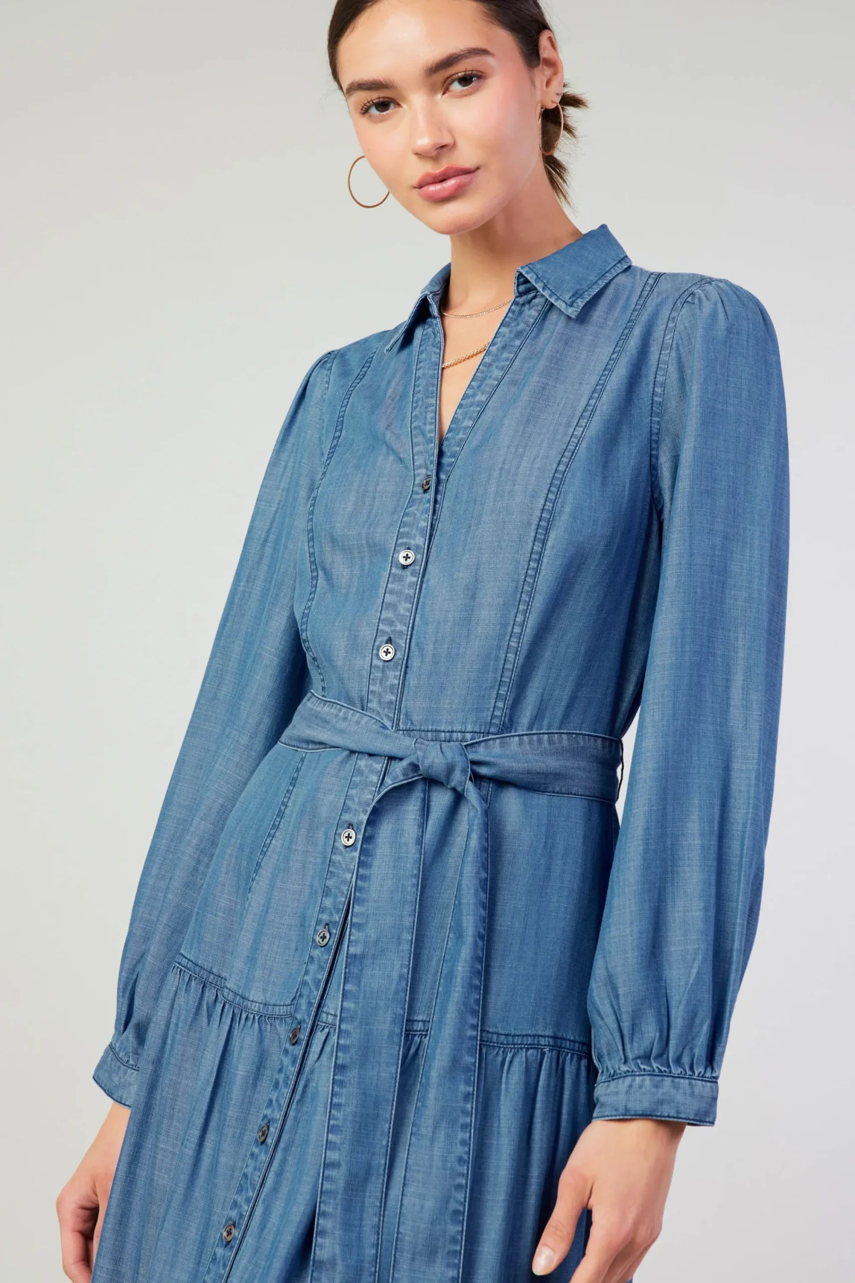Current Air Midi Dresses-Belted Collar Shirt Dress CHAMBRAY
