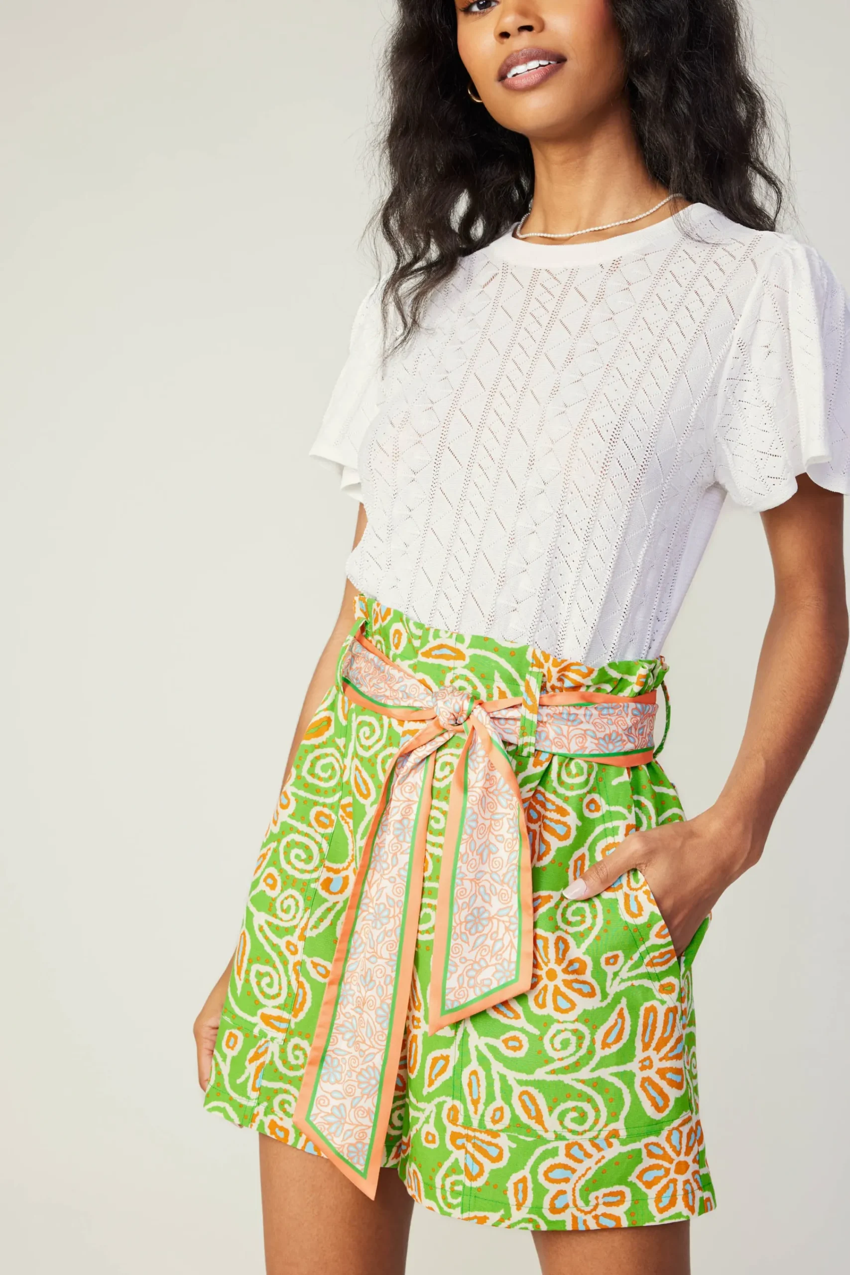Current Air Shorts-Belted Floral Patterned Shorts GREENORANGEMLT
