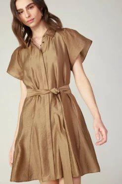 Current Air Mini Dresses-Belted Godet Mini Dress LATTE
