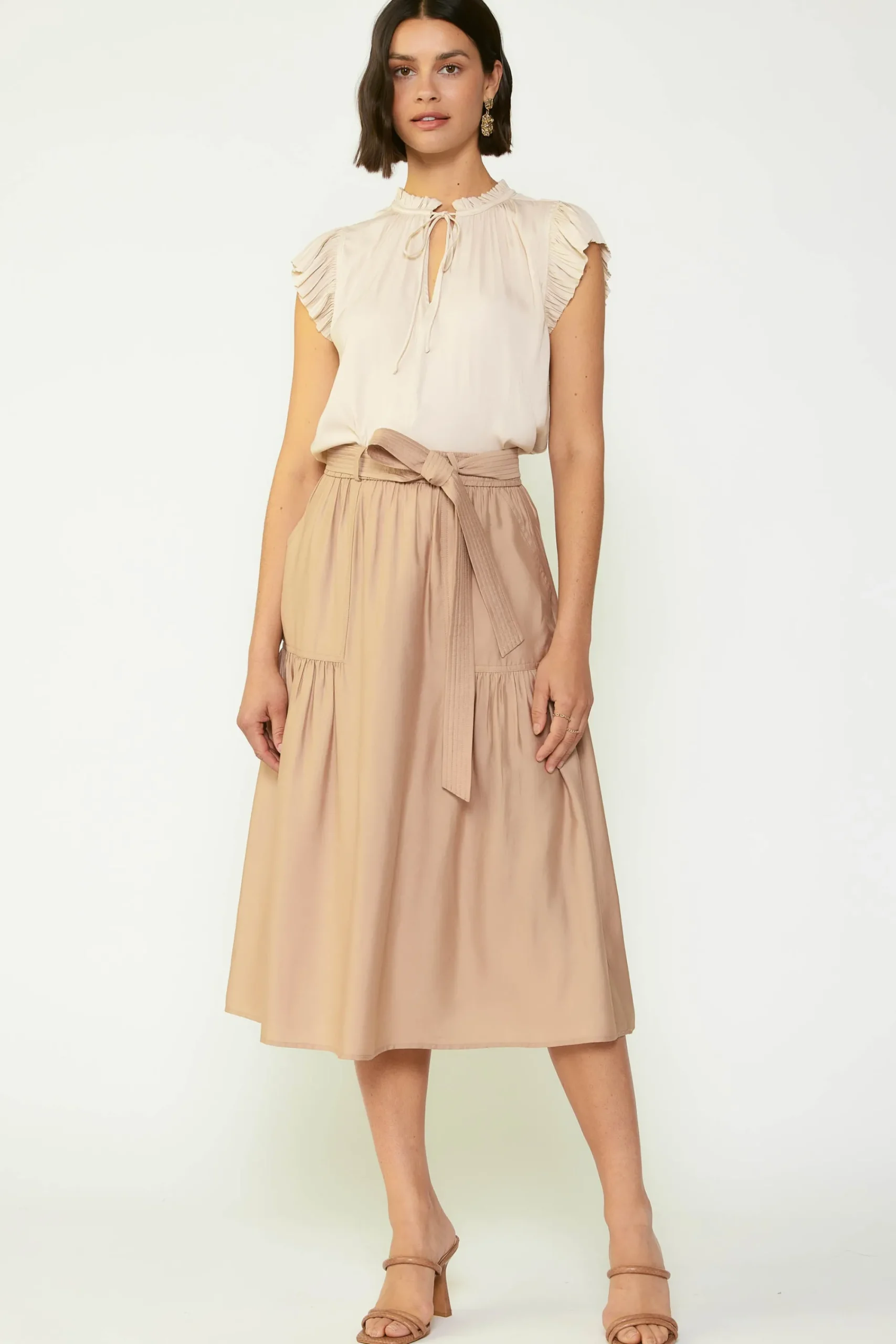 Current Air Skirts-Belted Midi Skirt SAND