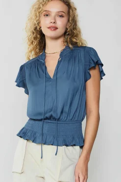 Current Air Short Sleeve Tops-Blair Smocked Top DARKDUSTYBLUE