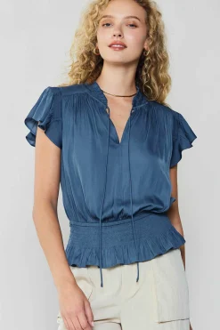 Current Air Short Sleeve Tops-Blair Smocked Top DARKDUSTYBLUE