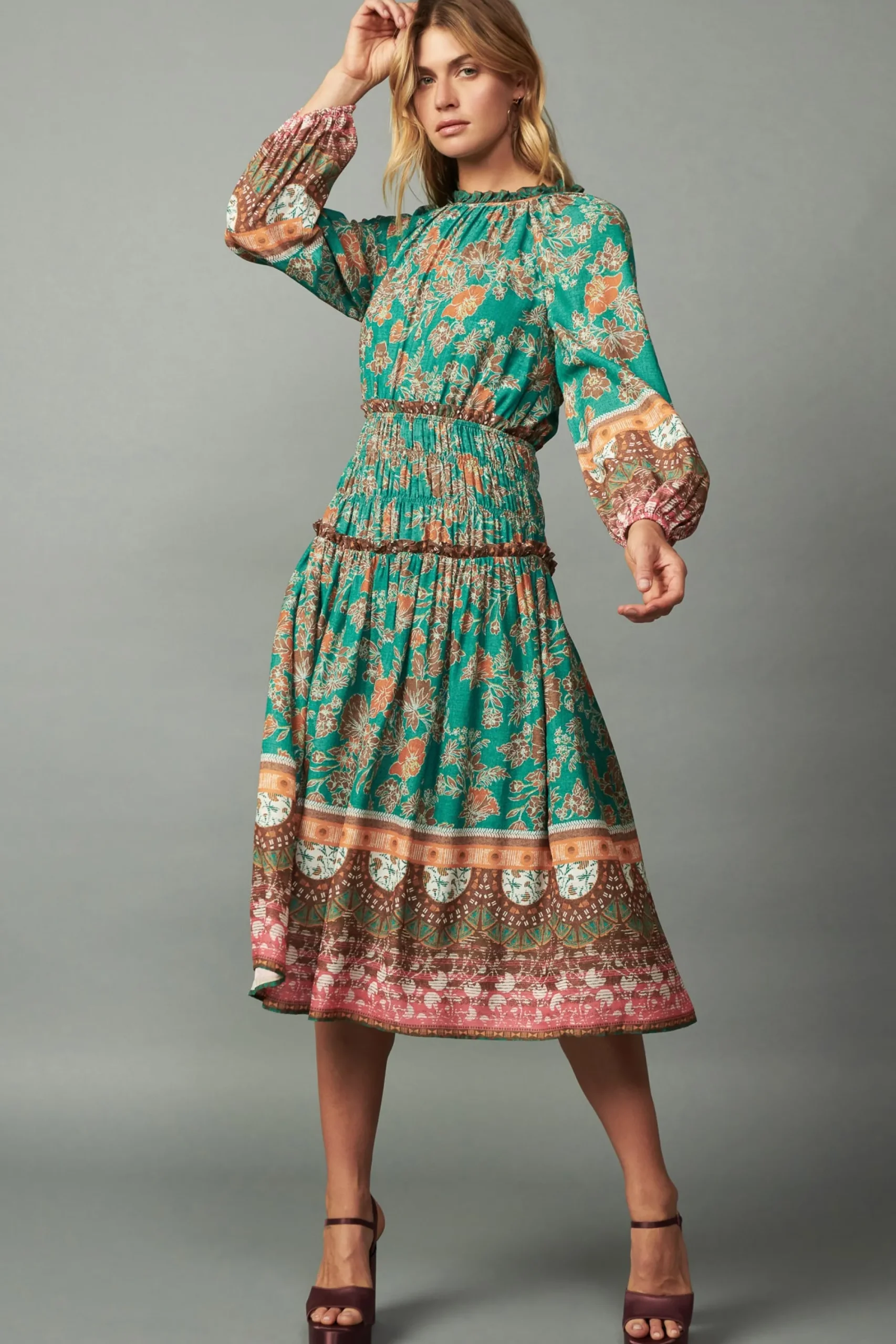 Current Air Midi Dresses-Border Multi Print Midi Dress GREENMLT