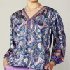 Current Air Long Sleeve Tops-Border Print Paisley Top INDIGOFLORALMLT