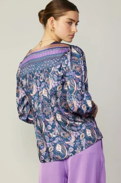 Current Air Long Sleeve Tops-Border Print Paisley Top INDIGOFLORALMLT