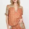Current Air Short Sleeve Tops-Border Print Retro Floral Blouse BROWNMLT